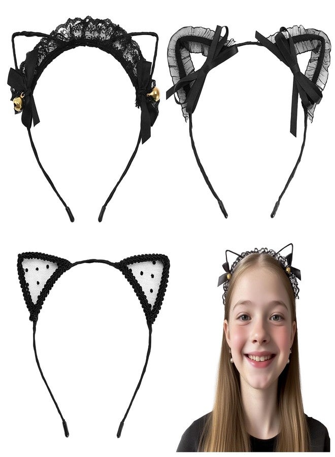 Chanseen 3Pcs Black Lace Cat Ears Headband Cat Hair Accessories Hairband Headwear for Women Halloween Costume Party Cosplay Everyday Wear - Image 1